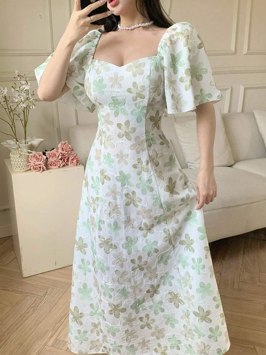 Modelyn Elegant Floral Print & Embroidery Dress, Romantic Holiday Wear - Pastel Green - View 1