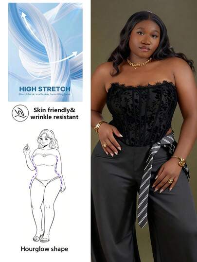 CurvyTilda Vestido corto con diseño de copa de busto acolchado y volantes en el bajo, estilo dulce para mujer de talla grande, adecuado para fiestas y citas, color negro, para invierno, parte superior con corset