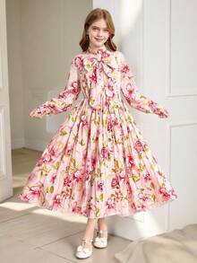 女童优雅波点印花高腰长裙，配有可拆卸蝴蝶结，适合返校、毕业典礼、派对、圣诞节、万圣节等场合。 - 彩色 - 查看 5