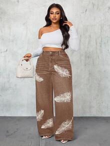 Slaydiva Quần jean denim dáng rộng, in họa tiết lông vũ, kiểu dáng thường ngày, đã qua xử lý. - Cà phê nâu - Xem 6