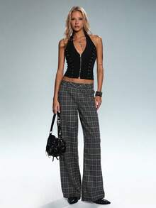 SHEIN Tall 1 Quần âu kẻ caro xám chất lượng cao cổ điển, quần ống đứng đơn giản, cạp trễ, rộng rãi - Màu xám đen - Xem 4