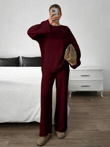 EURMUSE Women Rib Knit Button Detailed Sweater And Pant Set Two Pieces Set - Burgundy - View 4