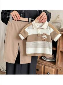 2pcs Baby Boy Knitted Striped Collar Polo Shirt And Pants Set