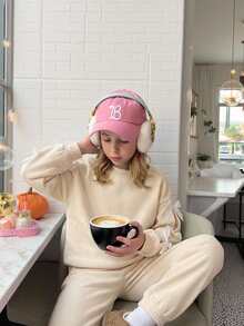 SHEIN Tween Girl Retro Collegiate Knit Crew Neck Colorblock Bow Long Sleeve Sweatshirt Set - Apricot - View 7