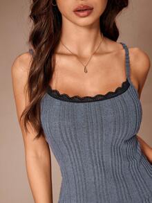 SHEIN Soft Brushed Ribbed Contrast Lace Camisole & Pants Loungewear Pajama Set - Dark Grey - View 4