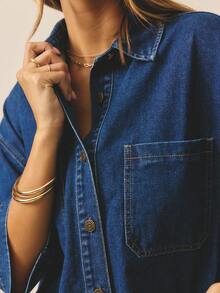 Aralina 女士翻领单排扣口袋休闲百搭日常通勤牛仔夹克 - 中等水洗藍 - 查看 3