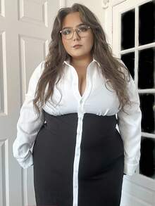 Hourglow Fall Clothes For Women,WinterPlus Size Women's Color Block Long Sleeve Single-Breasted Elegant Dress - Black and White - View 4