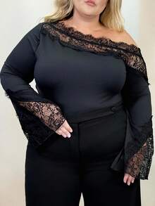 Hourglow Dollyholly86 Plus Size Women Lace Patchwork, Asymmetric, Off Shoulder, Long Sleeve Bodysuit, Suitable For Dates, Valentine's Day, For Hourglass Body Shape, For Body Shape, For Summer - Black - View 4