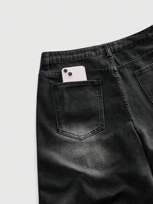 ROMWE MEN Street Life 男士休闲水洗水钻十字牛仔短裤 - 黑色 - 查看 5