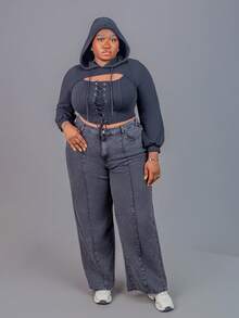 CurvyTilda Plus Lace Up Front Cutout Hoodie Winter Fall Autumn, For Hourglass Body Shape - Black - View 6