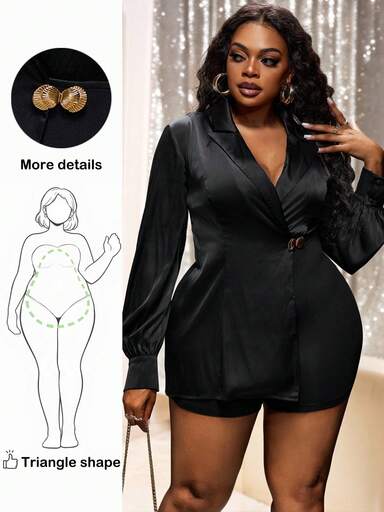 Truni Plus Size Women's Satin Button Detail Long Sleeve Romper, For Pear Triangle Body Shape