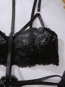 Floral Lace Cut Out Teddy Bodysuit Lingerie With Hairhoop - Black - View 5