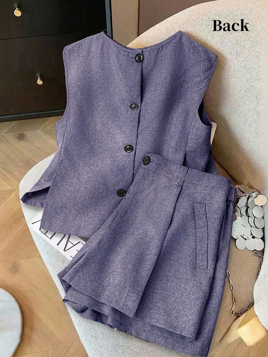 Franclia 大尺碼女款夏季優雅通勤藍色亞麻兩件套,露背單排扣無袖背心與寬腿百褶短褲套裝 - 藏蓝色 - 查看 1