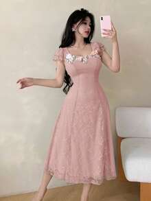 Modelyn 女士蕾丝拼接花卉饰边装饰无袖夏季连衣裙 - 粉色 - 查看 5