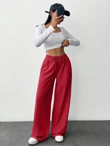 SHEIN Women Solid Color High Waist Straight Pants - Red - View 4