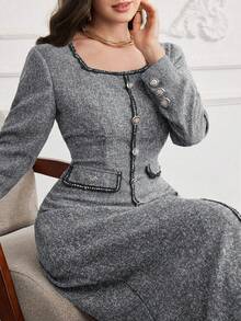 Modelyn 方领撞色缎带装饰纽扣长袖收腰大码晚礼服 - 深灰色 - 查看 1