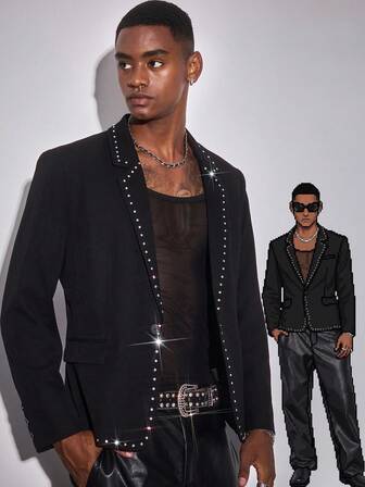 Grunge Punk Men's Rhinestone Lapel NeckLong Sleeve Suit Jacket