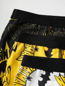 BATMAN X SHEIN 3件装男童蝙蝠标志印花撞色织带腰部缝线细节舒适平角内裤
