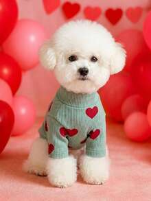 PETSIN 1件猫狗通用服装，休闲舒适的心形印花T恤，适合小型犬和其他宠物全年穿着。 - 豆綠 - 查看 2