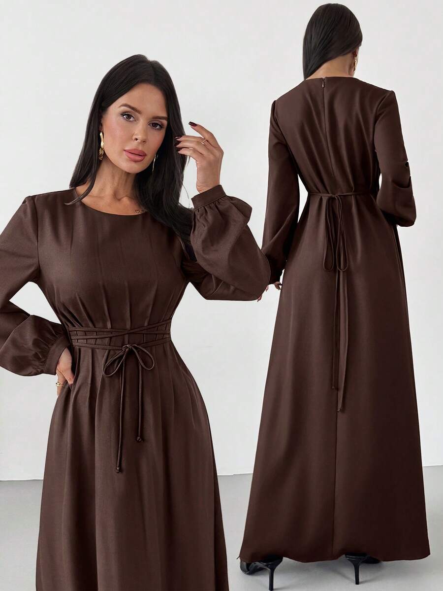 Firerie Robe élégante et décontractée pour le bureau, couleur unie marron, manches longues, col rond, taille plissée avec ceinture, coupe évasée en forme de X, tenue d'automne/hiver, nouvelle robe femme pour l'automne/hiver