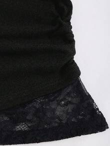 Sweetra 性感蕾丝拼接不对称肩部修身套头衫，不对称下摆，时尚设计，适合女士，秋冬季穿着。 - 黑色 - 查看 5