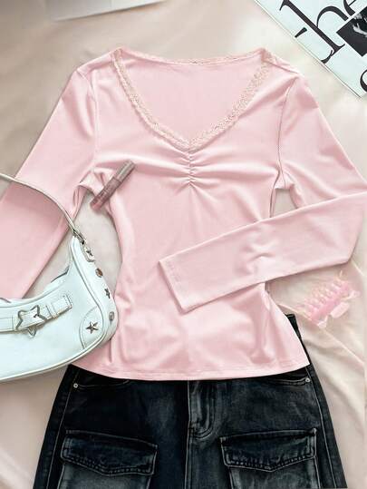 Airaco Damen Mode Lässig Elegant Niedlich Chic gestreiftes Spitzen-Patchwork Langarm T-Shirt