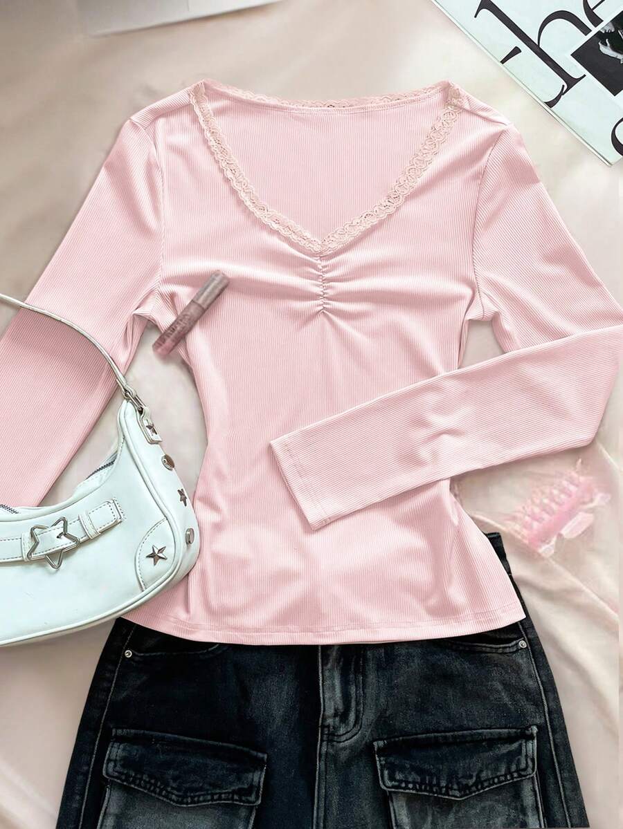 Rina Fox Áo thun dài tay họa tiết ren kẻ sọc dễ thương, thanh lịch, thời trang dành cho nữ - Hồng - Xem 1