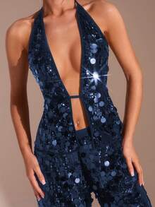 SHEIN Glamour 两件套深蓝色亮片露背性感露肩无袖上衣+裤子套装，街头风，秋冬套装，演唱会套装，夜店套装，约会套装，优雅套装，舞会套装，锐舞套装，女士生日套装，派对必备，花卉时尚，闪亮套装，情人节套装 - 藏蓝色 - 查看 3