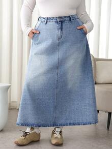 SHEIN CURVE+ Plus Size Women High Waist Pockets Casual/Work Denim Midi Skirt Teen Girls Curve Light Blue Washed Denim Skirt High A-Line Midi Length Winter Spring Christmas New Year Thanksgiving Commuting Vacation Graduation Chic Y2k Cute Streetwear Coquette Party Wedding Elegant Business Casual Woman Curve Friendly Skirt 5XL-8XL Denim Skirt Elastic Waist Skirt Casual Long Skirt