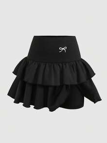 SHEIN Girlism 少女半身裙 - 瑜伽、打底裤、休闲、运动、上学、返校季，精致刺绣蝴蝶结，黑色衬里双层荷叶边蛋糕裙/迷你裙，春夏款，清爽百搭，基础款，日常穿着，运动时尚夏季款，返校季，校服 - 黑色 - 查看 4