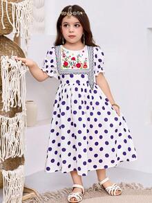 Vestido casual y cómodo con cuello redondo, mangas abullonadas y estampado de lunares para niña - Multicolor - Ver 3