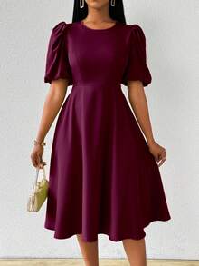 Lyxana Women Long Puff Sleeve Cinched Waist Green Dress Spring Summer Maxi Women Outfit - Burgundy - View 8