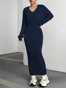 Flirla Women's Solid Color Collared Long Sleeve Ribbed Sweatshirt And Sleeveless Dress Casual Set - Navy Blue - View 5