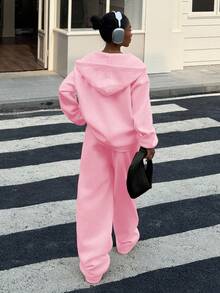 Muchica Bộ đồ 2 món tay dài trễ vai màu trơn đơn giản dành cho nữ - Hồng - Xem 2