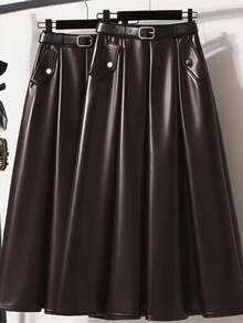 GlowEve CURVE Spódnica damska z elastycznej skóry PU w dużym rozmiarze, Elenzga Elegancka do dojazdów do pracy, z paskiem - Brązowy mocha - Zobacz 4