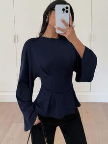 Siren Gaze 女士优雅通勤纯色喇叭袖修身收腰T恤 - 藏蓝色 - 查看 5