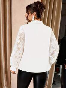 Allurite Plus Size Women Mesh Sleeve Gold Decor Button Shirt - Apricot - View 2