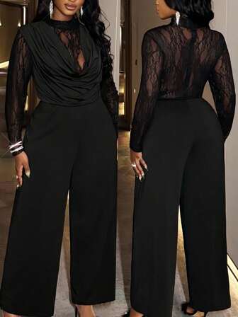 Slaydiva 2025 Autumn/Winter Plus Size Women's Outfit, Lace Patchwork Long Sleeve Jumpsuit, Elegant For Country Music Concert, Wedding Guest, Date Night, Party, Sexy Fitted