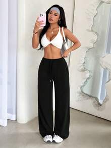 Dewbera 女士宽腰带抽绳口袋运动瑜伽健身户外宽松裤 - 黑色 - 查看 5