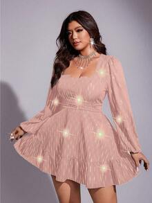 Viva Relle Vestido de línea A de manga larga con cuello plisado para mujer de talla grande, de tela brillante, elegante para ir al trabajo, fiestas, banquetes, versátil y con estilo urbano de moda, apto para otoño/invierno/primavera - Rosa - Ver 2