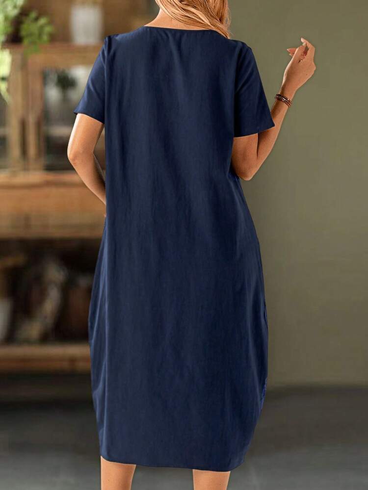 Vacation Casual Solid Color Front Button Dual Pocket Dress - Blue - View 2