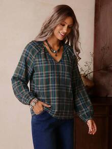 LanaWest Damen lässige, weite V-Ausschnitt Karohemd Bluse mit Langarm, Western-Stil Hemd, geeignet für den Alltag, Herbst - Grün - Übersicht 3