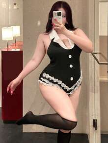 Vibekara Valentines Sexy Lace Patchwork Bodysuit, Figure-Hugging And Daring - Black - View 5