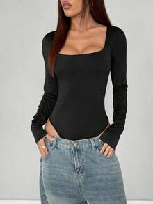 SHEIN Tall Women's Spring/Summer Square Neck Black Slim Fit Long Sleeve Jumpsuit, Tall Version, Comfortable Casual Minimalist Design - Black - View 6