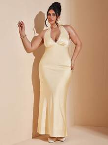 SHEIN BAE Plus Size Elegant Satin Dress, V-Neck Lace Trim Sleeveless Cocktail Party Gown, Formal Occasion Bridesmaid Dress, Birthday Mini Dress, Yellow Satin Long Dress, Cocktail Party, Business Casual,Prom, Valentine's Day, Thanksgiving, Parties, Weddings, Plus Size Satin Dress, Long Satin Dress, Plus Size Evening Gown, Curve Formal Dress Women Dresses Champagne - Yellow - View 4