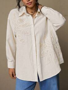 Freevana 大码花卉刺绣休闲度假衬衫波西米亚风上衣商务休闲西部度假装女装情人节可爱衬衫西部纽扣女式西式衬衫女式衬衫女式衬衫和上衣 - 杏色 - 查看 6