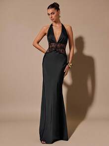 SHEIN BAE 黑色性感深V领蕾丝镂空拼接鱼尾缎面连衣裙，适合鸡尾酒会、浪漫约会、聚会、正式活动、伴娘礼服、晚礼服、圣诞节、新年、情人节、下午茶会、黑色连衣裙、小黑裙 - 黑色 - 查看 7