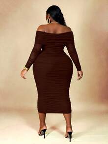 CurvyTilda Plus Size Women's Brown Off-Shoulder Ruffle Mesh Bodycon Dress, Autumn, For Hourglass Body Shape - Brown - View 2