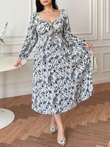 Vibekara Casual Elegant Retro Princess Palace Medieval Lace-Up Bustier Print A-Line Dress For Plus Size Women - Black and White - View 6