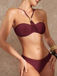 Lumalex Women's Burgundy Bandeau Bikini Set,Adjustable Halter Strap Gold Hardware Sculpting Fit,Luxury Elegant Summer Beach Holiday Resort Swimwear Outfits - Multicolor - View 9